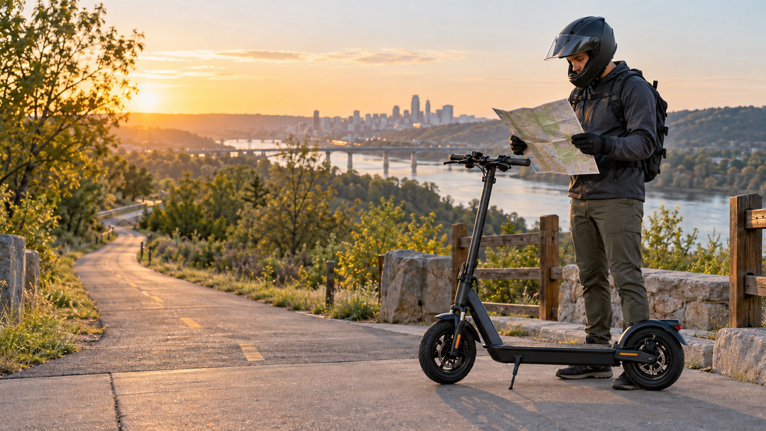 Helmeted rider in full protective gear studies a paper map beside an unbranded black electric scooter on its kickstand at a paved trail overlook.