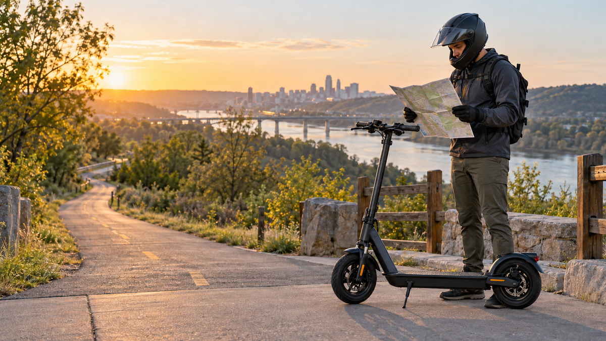 Helmeted rider in full protective gear studies a paper map beside an unbranded black electric scooter on its kickstand at a paved trail overlook.